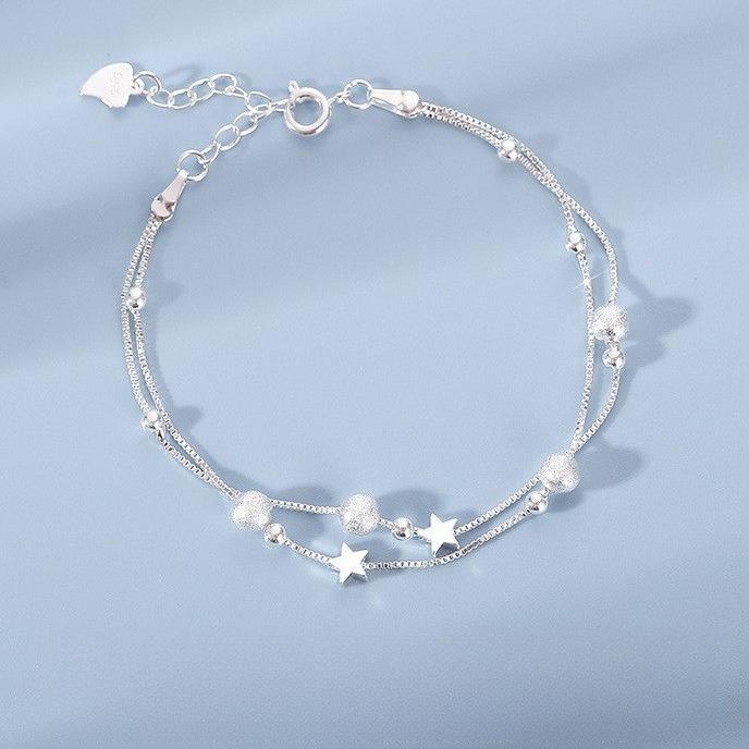 925 Silver Lucky Star Bracelet Women Retro Korean Design Double Layered Zircon Star Party Jewelry Beaded