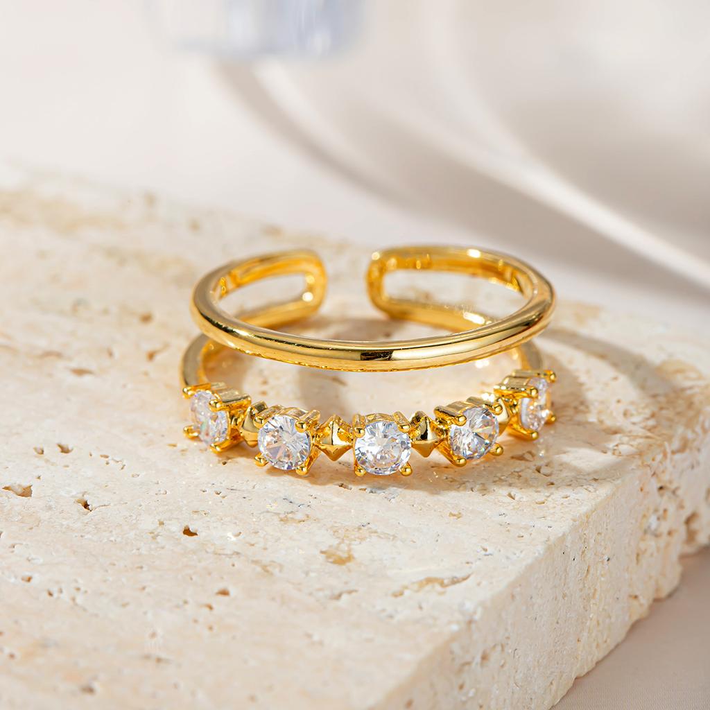 Ol Style Double Layer Gold Open Ring, Micro Paved Zircon Adjustable Stackable Minimalist Ring For Women
