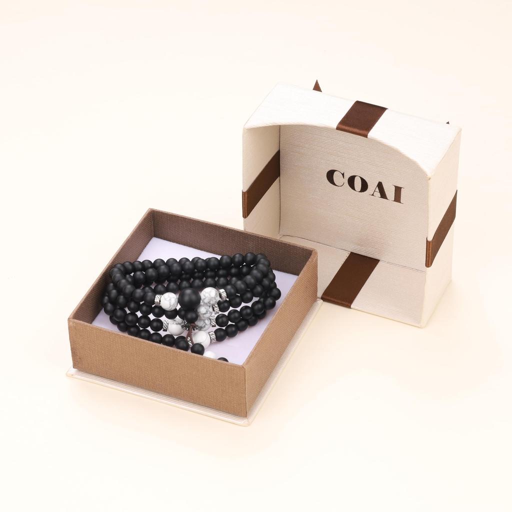 Vajra Pestle 108 Beads Howlite Matte Onyx Power Stone Necklace Prayer Quadruple Rosary for Men Women [Coai]