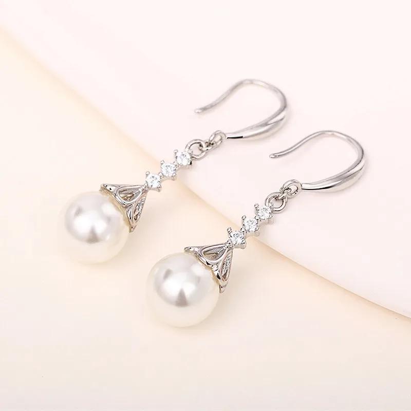 Huitan New Trend Imitation Pearl Dangle Earring for Women Luxury Silver Bling Cubic Zirconia Fashion Elegant Lady Jewelry