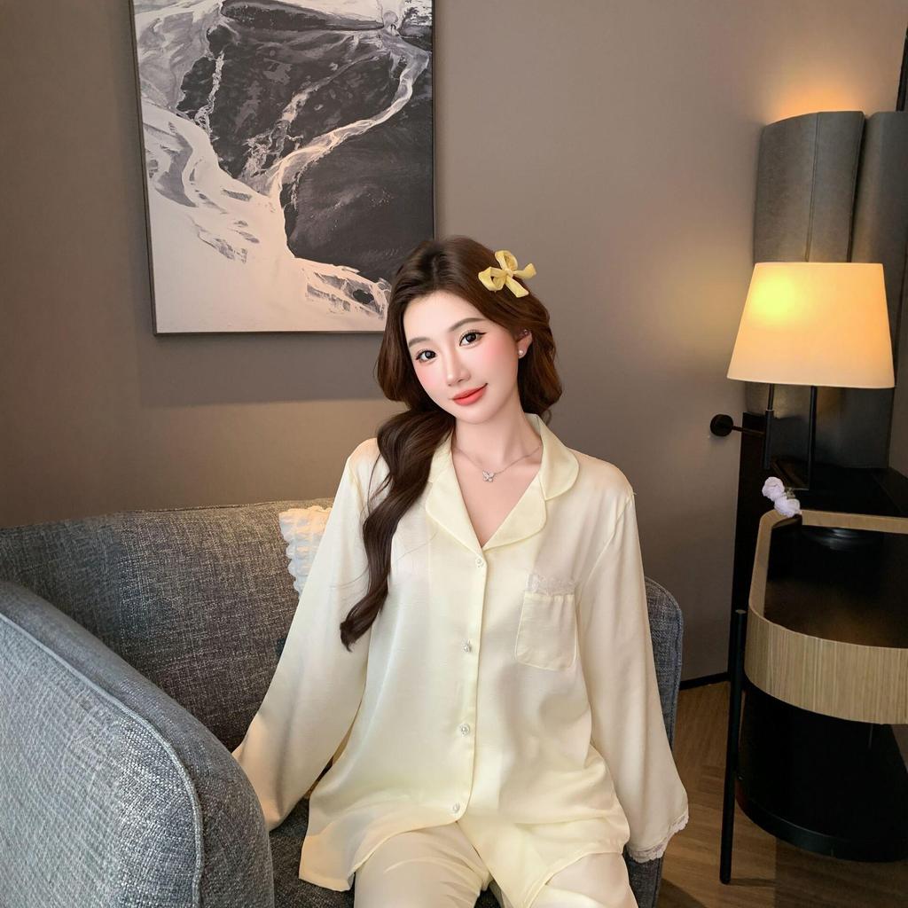 2026 Women's Ice Silk Backless Lace Long Sleeve Pajama Set
