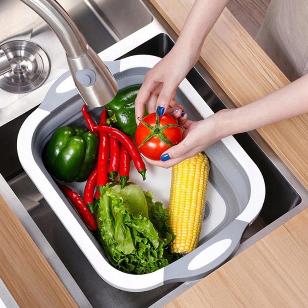 Foldable silicone bowl with drain, gray, for vegetables, laundry, 6l