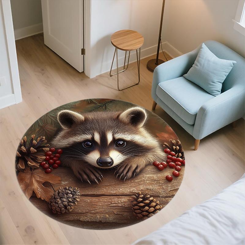 Vintage Raccoon,Round Area Rug,Carpet Rug for Living Room Bedroom Sofa Playroom Decor,Non-slip Floor Mat
