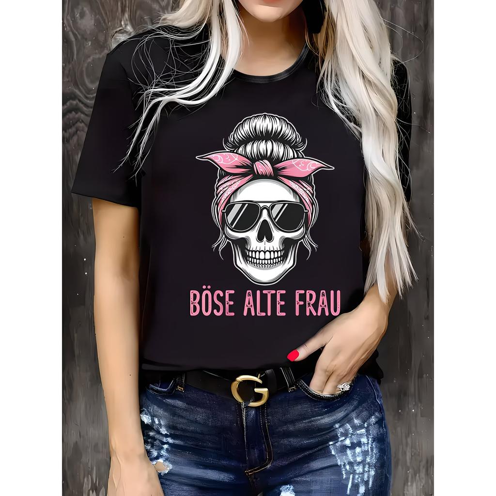 T-shirt Casual da Donna Stampata, Girocollo, Manica Corta, Tessuto in Cotone, Taglio Regolare, Top