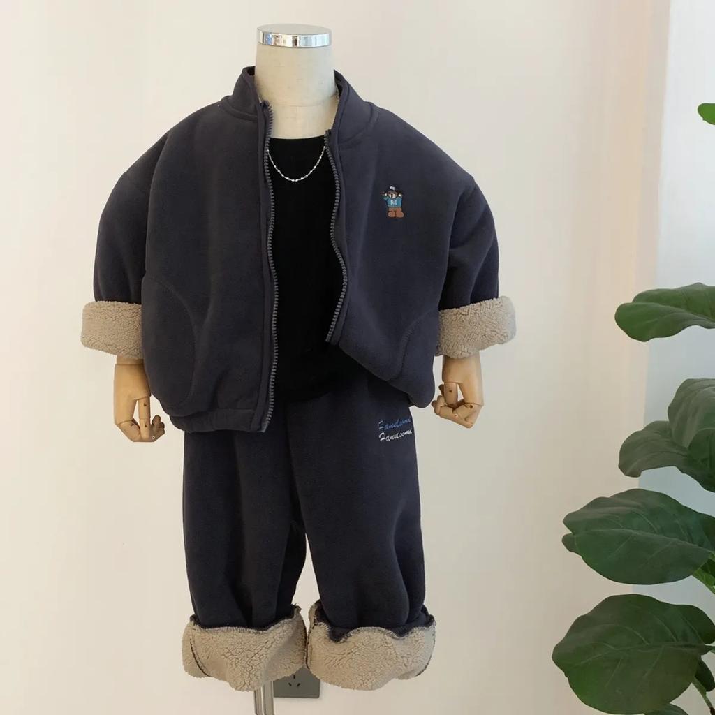 Boys Plus Velvet Thick Jacket Winter Children's Clothing Polar Fleece Children's Baby Warm Jacket Trousers Two-piece Suit