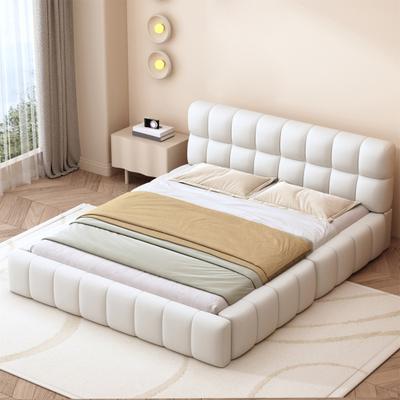 Cama Tapizada 140 x 200 cm, Cama Juvenil, Cama Doble con Respaldo Suave, Cama Plana con Marco Tapizado, Somier de Listones Lino Beige (Colchón No