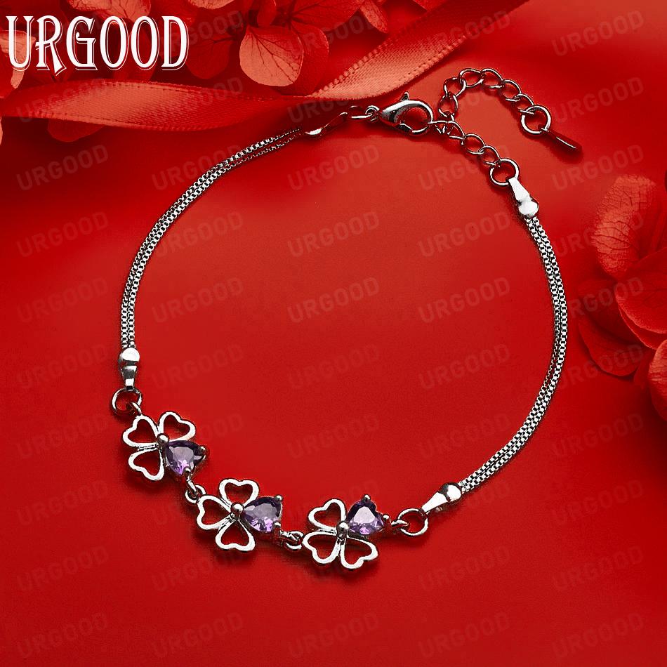 925 Sterling Silver Four-Leaf Clover Side Chain Bracelet Gift Jewelry 20CM