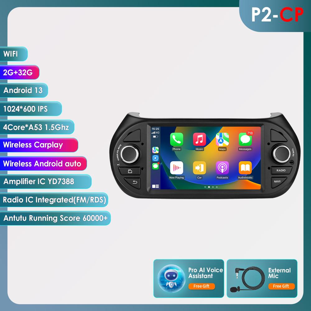 OSSURET Intelligent Carplay 4G RDS 7'' 7862 AI 2din Android 13 Car Radio for Fiat Fiorino /Citroen Nemo / Peugeot Bipper GPS Multimedia Video Player