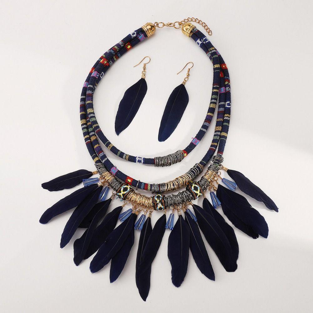 Multilayer Feather Tassel Necklace Fashion Ethnic Jewelry Set  Dating Accessories