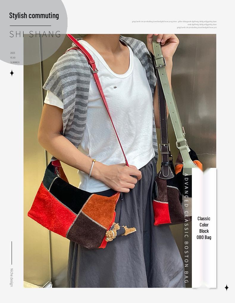 Vintage Frosted Cowhide Color Block Hobo Bag: Stylish High-End Handbag and Casual Crossbody Tote.