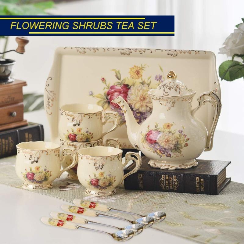 Porcelain Tea Set, Vintage Flowering Shrubs Teapot and Cups Set for Tea Party, Birthday Gifts for Mom Adults Women Wedding