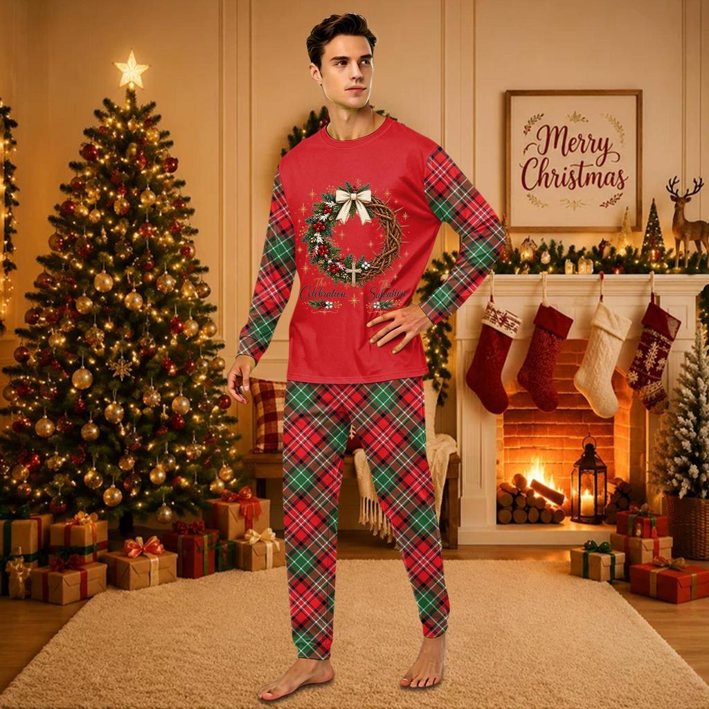 Christmas-print long-sleeve and long-pant matching family loungewear set