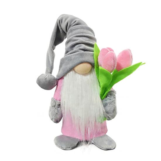Valentine's Day Plush Gnome with Pink Tulips Spring Stuffed Gnome Doll for Tiered Tray Fireplace Table Decor Gifts for Her Wife Teacher Girls