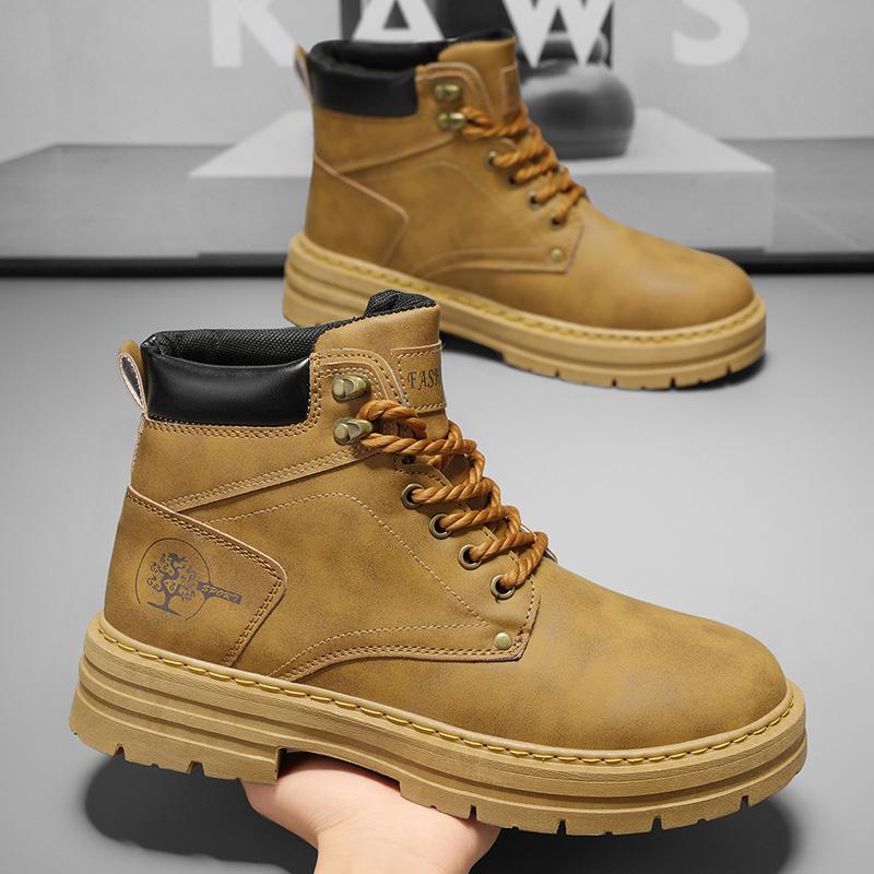 Mode Herrenstiefel Frühling Bequeme Plateau Lederschuhe Herren Trend Braun Rutschfeste Arbeitsstiefel für Herren Freizeitschuh Cowboy Stiefel