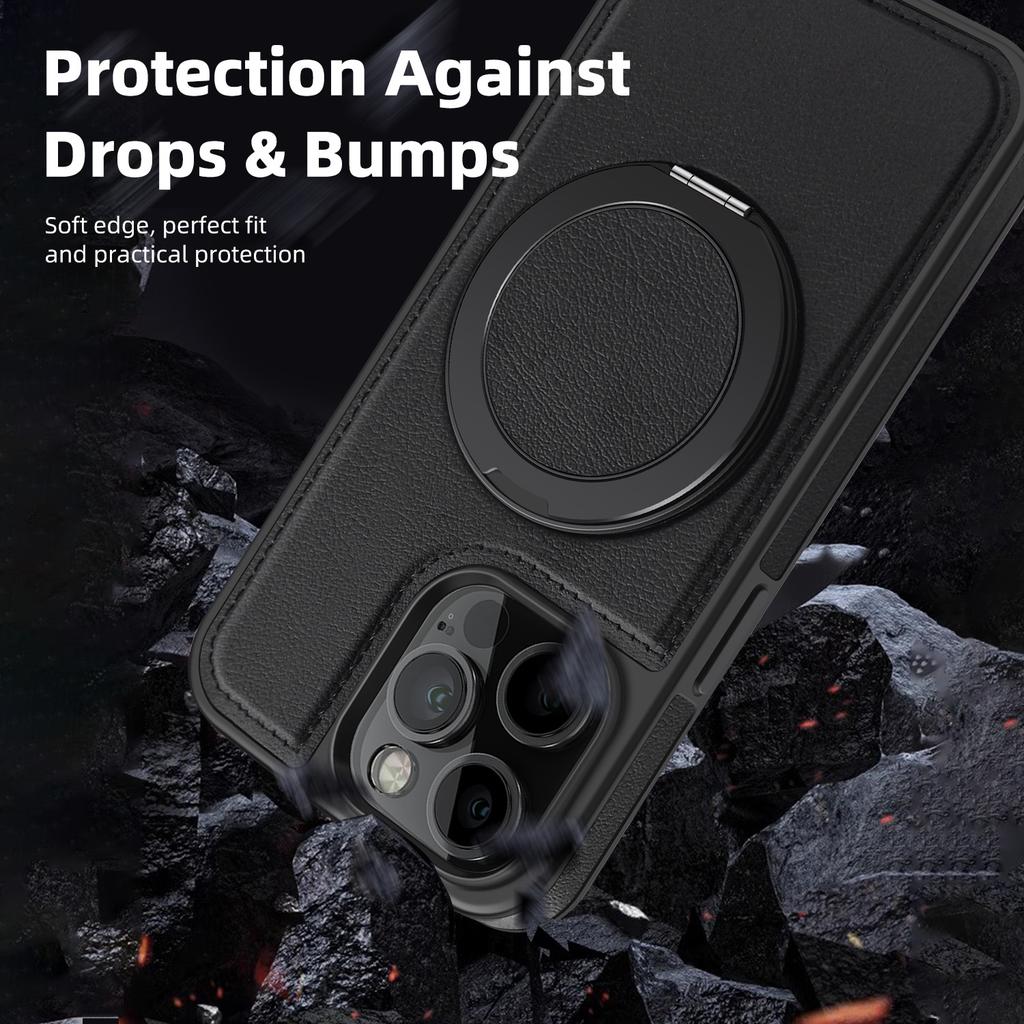 For iPhone 13 Pro Case with Ring Kickstand Compatible with MagSafe PU Leather Back Cover