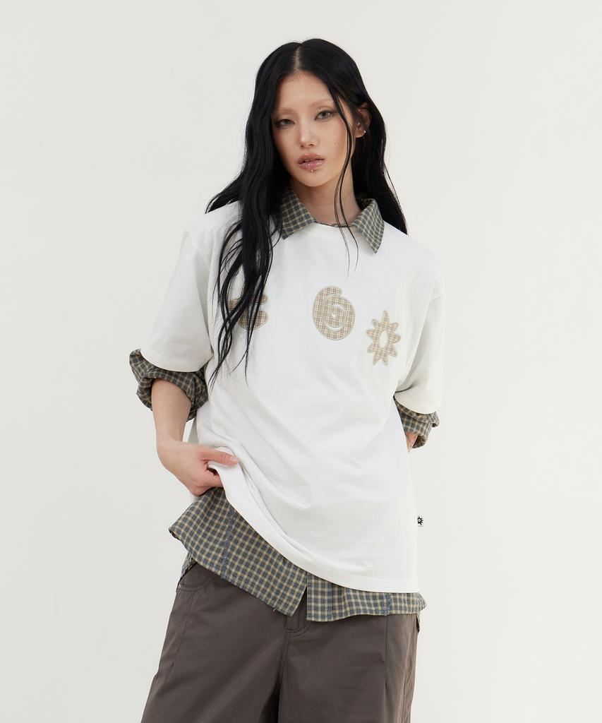 Tonilolenseu Applique Embroidery Short Sleeve T-Shirt Off-White