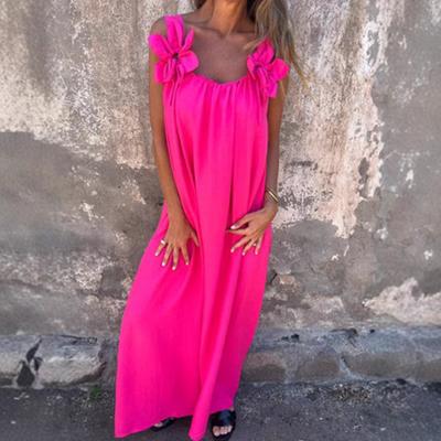 Kadın Elbise 3D Gül Dekor Omuz Askılı Kolsuz Pilili Slip Elbise Bol Düz