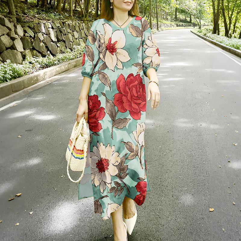 

ZANZEA Женское повседневное платье с V-образным вырезом и рукавом 3/4 Свободное длинное платье с цветочным принтом 4XL зелёный