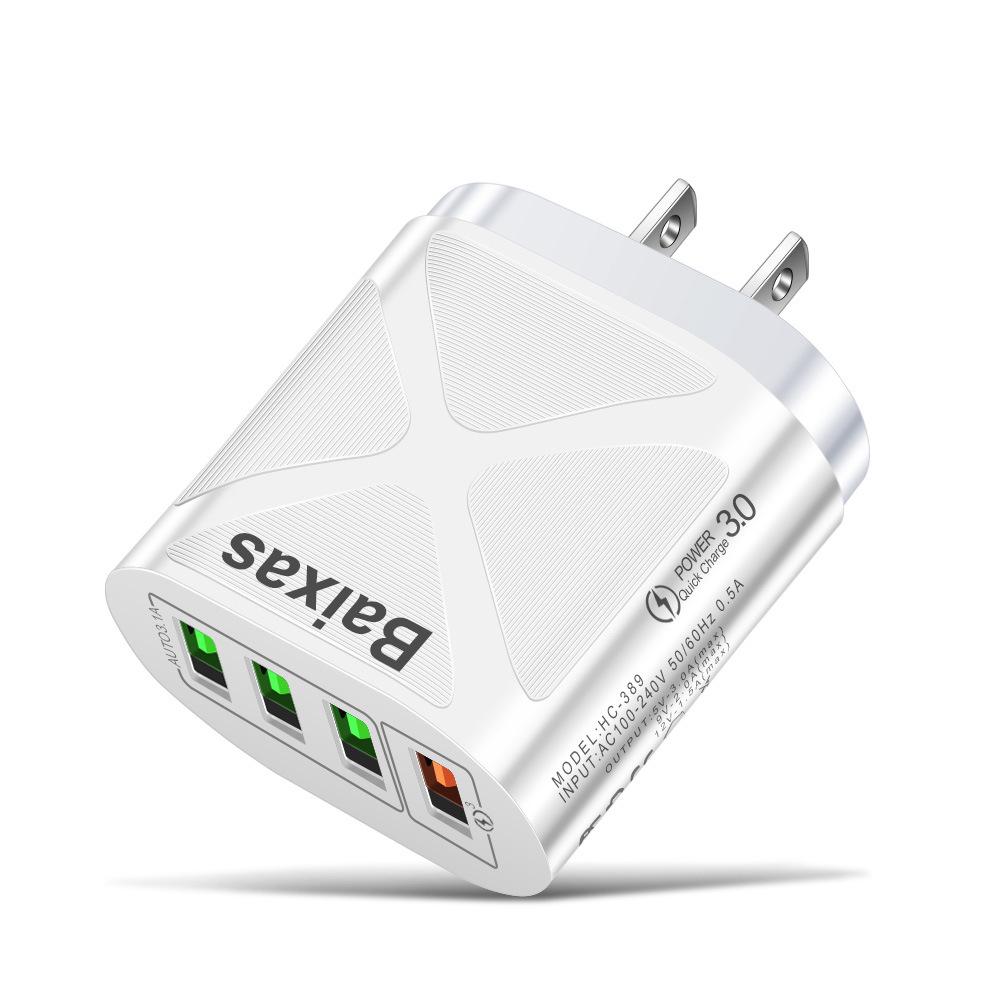 Multi-Port USB Fast Charger QC3.0, 4 Ports, 5V/9V/12V, Compatible with EU/US/UK/AU Standards