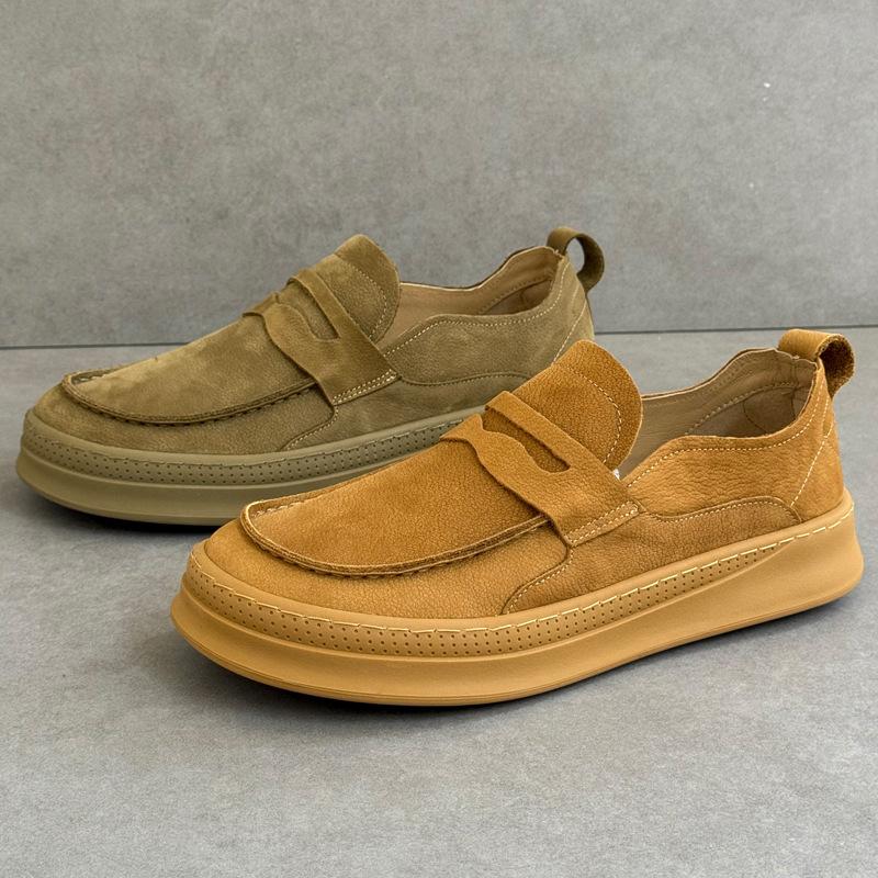 Men's Breathable Slip-On Casual Leather Shoes Summer Lightweight Soft Sole Work Boots Genuine Leather