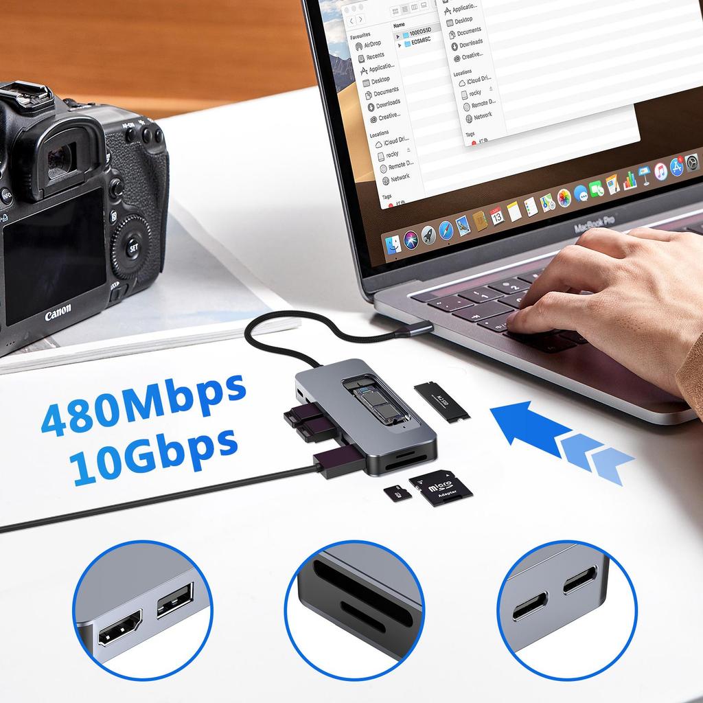 USB-C Hub mit M.2 SSD-Gehäuse, 9-in-1 USB-C Dockingstation passend für M.2 NVMe SSD, 10 Gbit/s, 4K@60Hz HDMI, 100W PD, SD/TF-Kartenleser