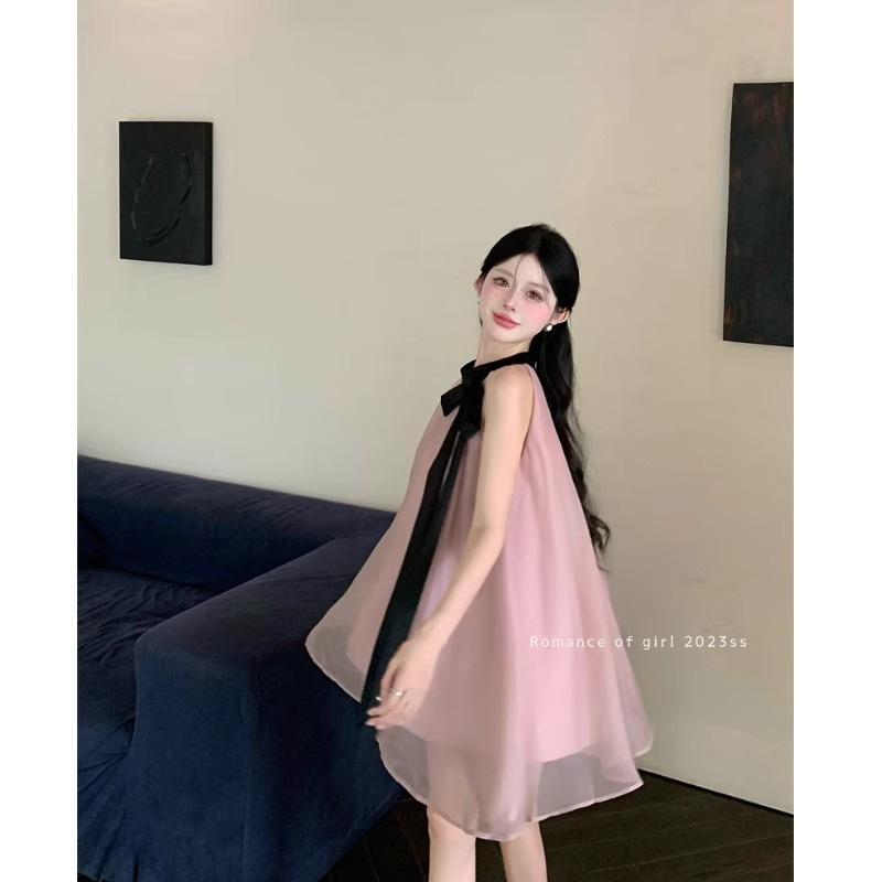 Sweet Temperament Pink Age-reducing Girl Neck Dress Women's Summer Atmosphere Skirt Chic Sleeveless Mesh Skirt
