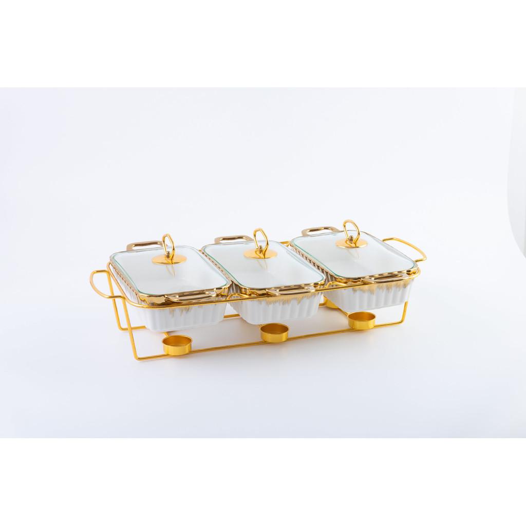 Three-grid Rectangular Ceramic Plate Soup Pot Metal Shelf Hotel Restaurant Hand-Colored Soup Pot Dry Pot Tableware Set