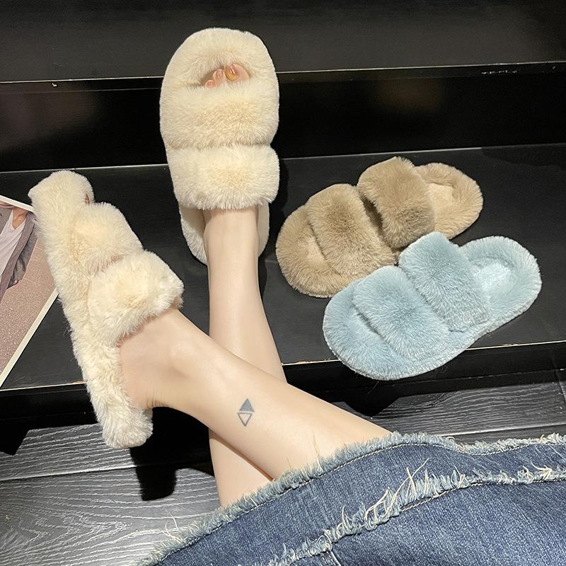 Flat bottom fluffy women's slippers spring autumn and winter one-word fluffy mop warm indoor fashion versatile flat bottom thickened