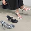 Rhinestone one-word buckle with high heels and cool slippers for women's summer wear 2025 new open-toed square head temperament stiletto sandals