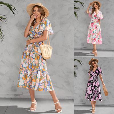Women's Fashion Casual Flower Pullover Mid-length Skirt Summer Printed V-neck Waist Mid-length Short-sleeved Dress