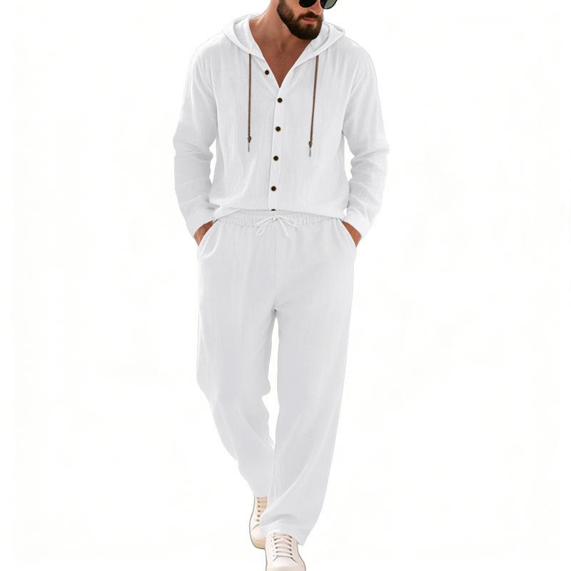 Completo casual da uomo in lino a due pezzi: camicia con cappuccio e bottoni e pantaloni a gamba dritta – perfetti per le vacanze al mare in primavera/estate