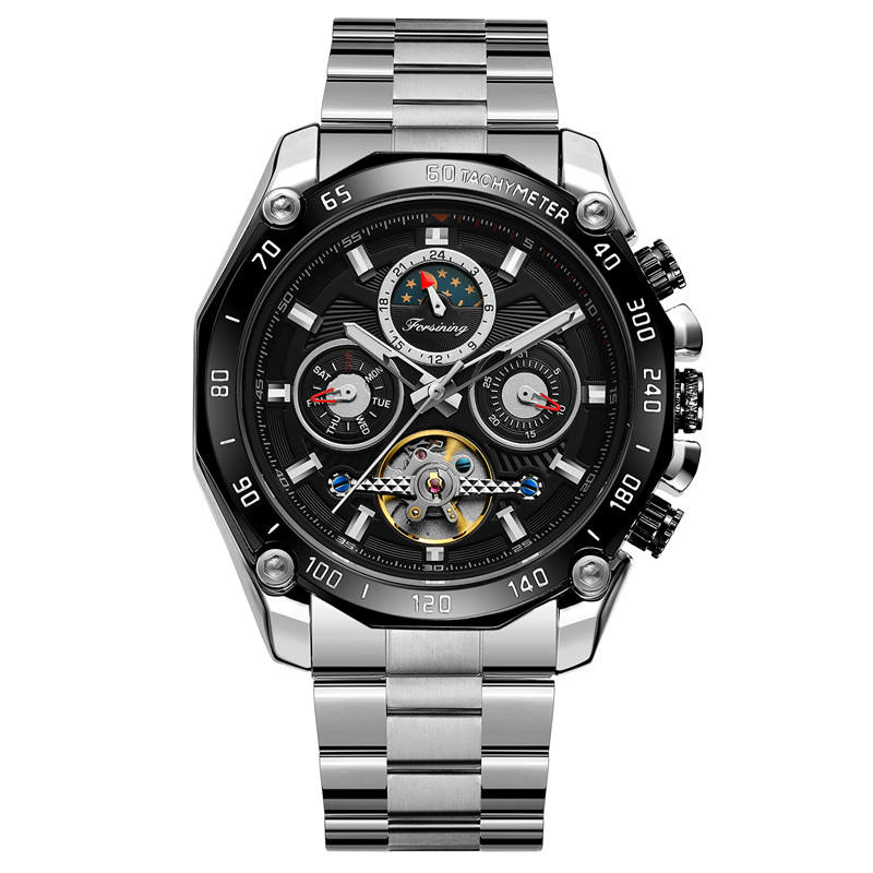 Forsining Watch Tourbillon Mechanical Men Watches Calendar Moon Phase Stainless Steel Strap Business Dress Sport Wristwatch