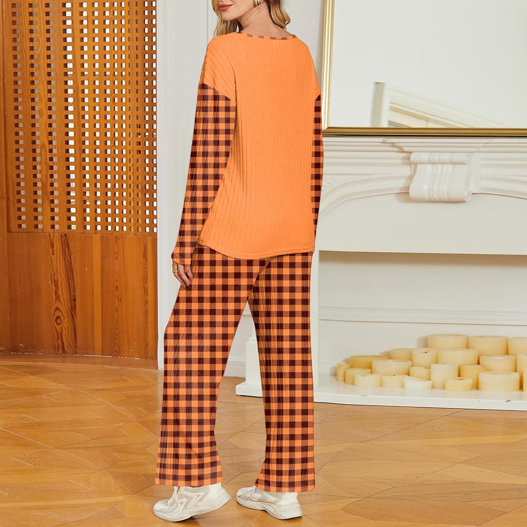 Women's Halloween Print V-Neck Long Sleeve Pajama Set with Pockets Loose Fit Sleepwear Set