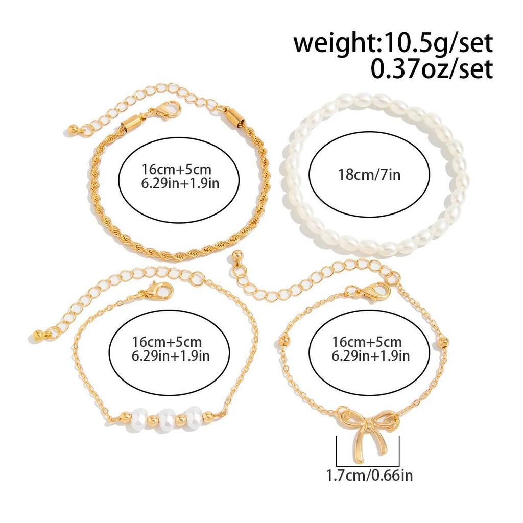 Salircon 4Pcs/set Fashion Imitation Pearl Bowknot Bangle Bracelets Women Boho Vintage Gold Color Bangle Couple Jewelry Gift