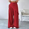 Yousheng Women Long Pants, Oversized Wide Leg Trousers with Apron Decor, Pure Color Elastic Waist Casual Pants for Daily Commuting