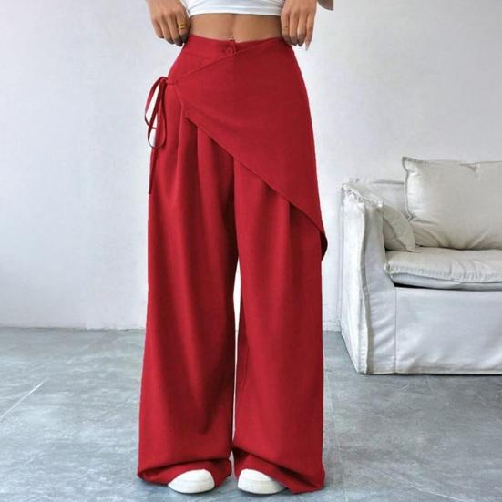 Yousheng Women Long Pants, Oversized Wide Leg Trousers with Apron Decor, Pure Color Elastic Waist Casual Pants for Daily Commuting