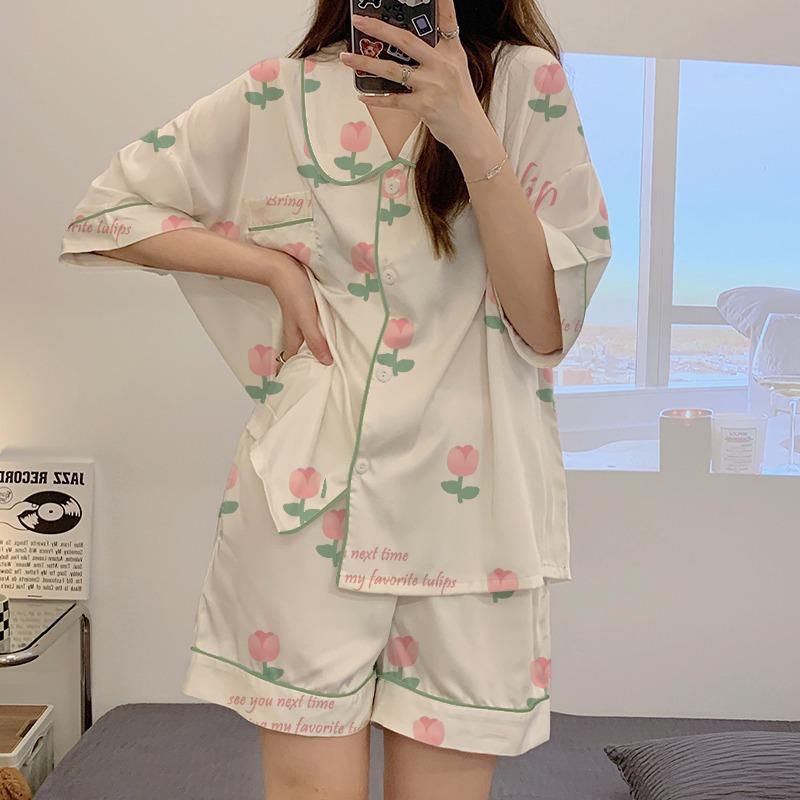 GMXIA High-quality Cotton-like Cute Cardigan Short-sleeved Student Pajamas for Women, Sweet Summer Style for Women's Home Wear