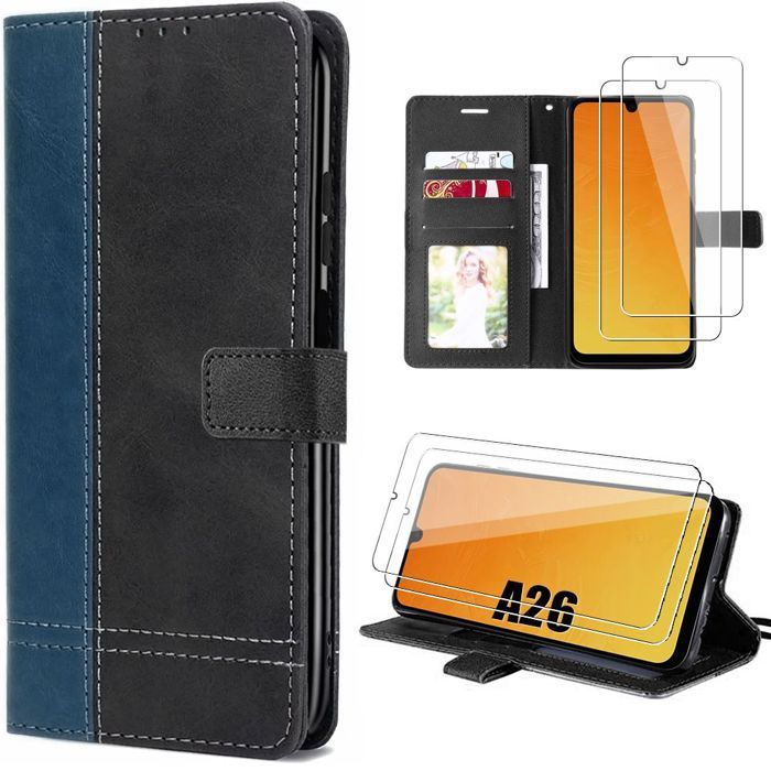 Coque pour Samsung Galaxy A26 5G - BOOLING - Cuir Synthétique Bleu Marine/Noir - 2 Verres Trempés