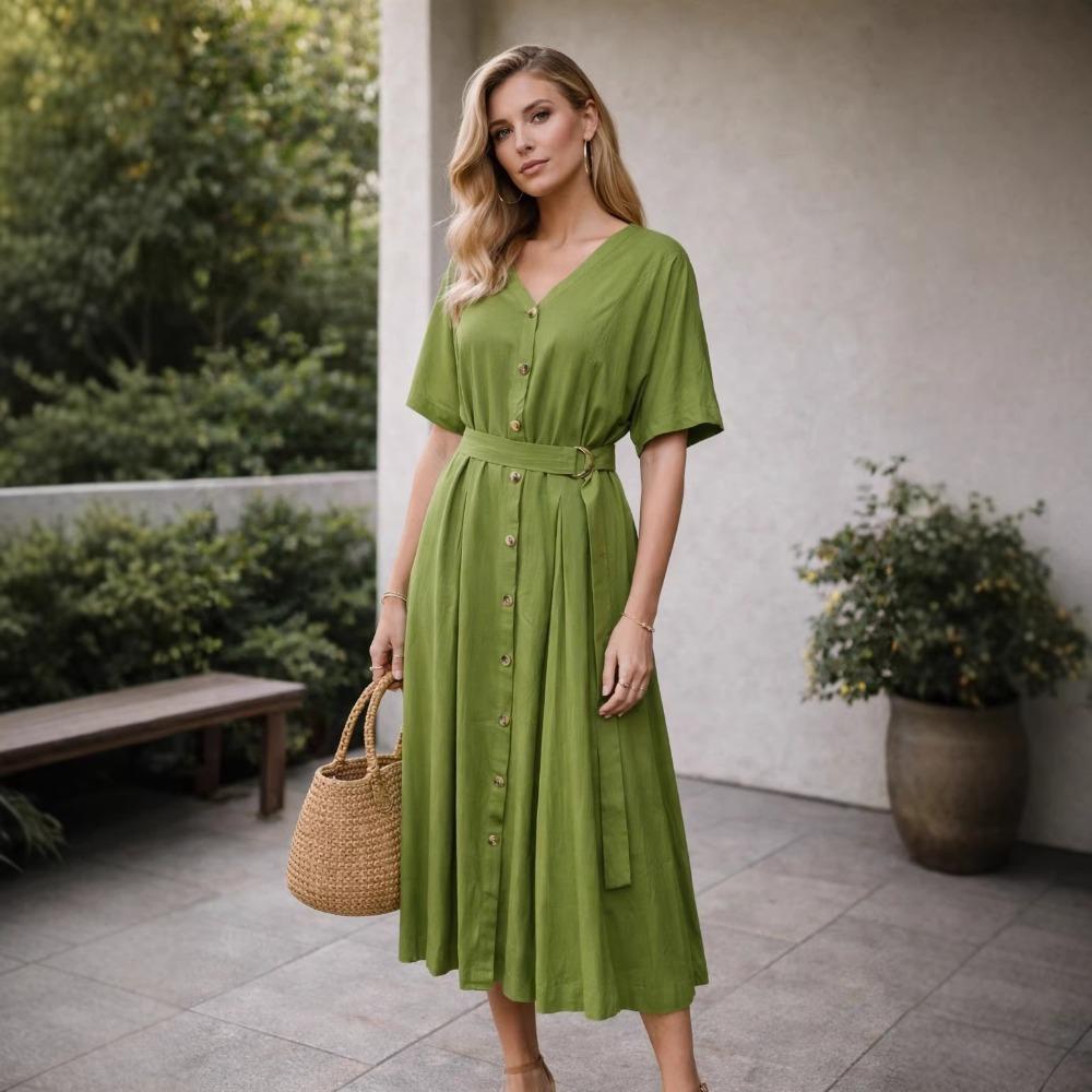 Women's V Neck Short Sleeve Midi Dress Loose Fit Elastic Waist Elegant Style Rayon Linen Blend A Line Dress With Button Belt