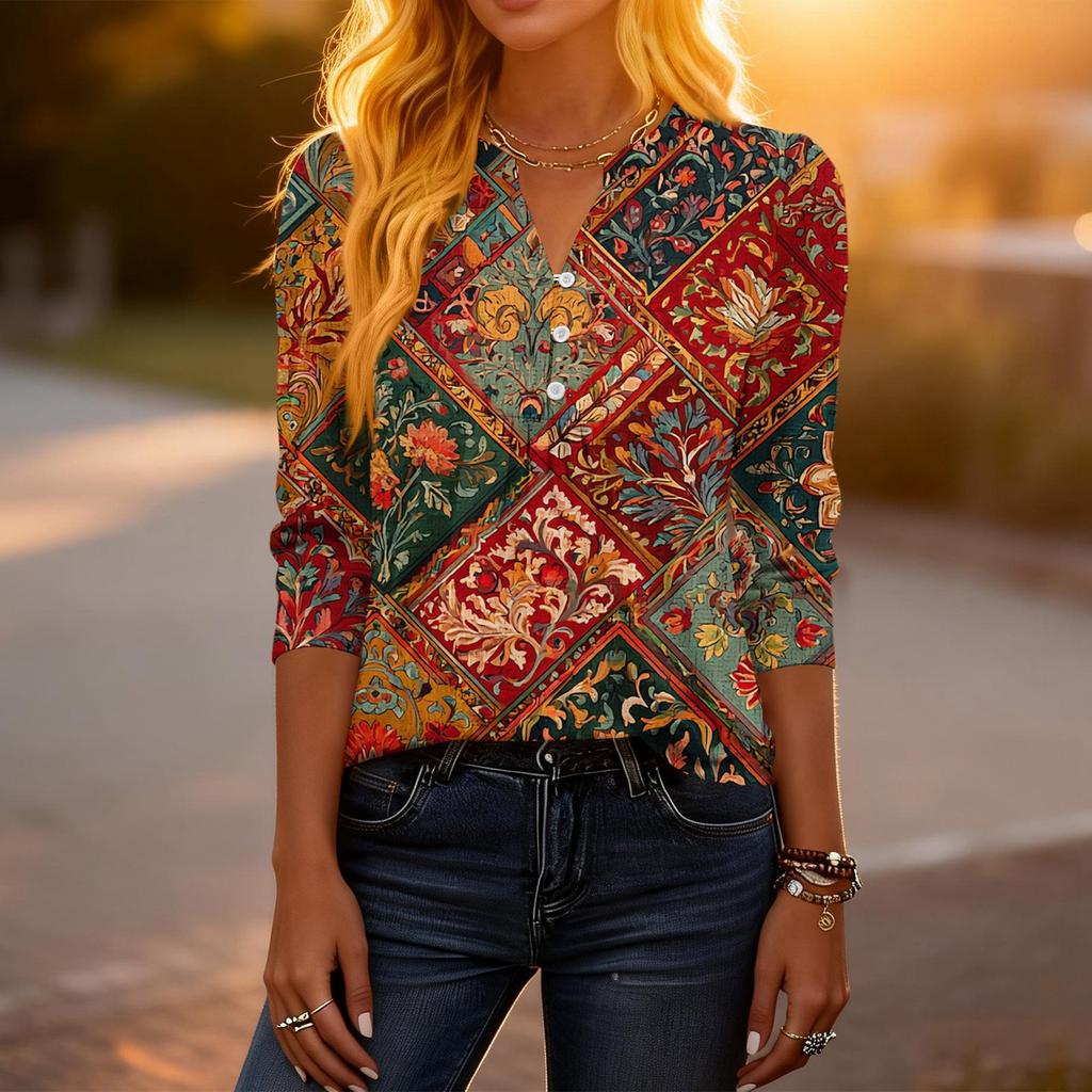 Women's Fashionable Casual Retro Floral V-Neck Decorative Button Three-Quarter Sleeve T-Shirt Top