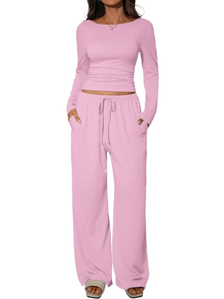

Женский Осенний Однотонный Повседневный Базовый Комплект из Длинных Брюк с Длинным Рукавом и Открытой Спинкой на Шнурке для Женщин S розовый