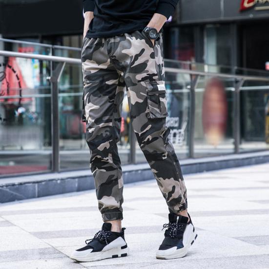 Camo Men Thin Multi-Pocket Ankle Tie Elastic Waist Straight Cargo Pants Trousers