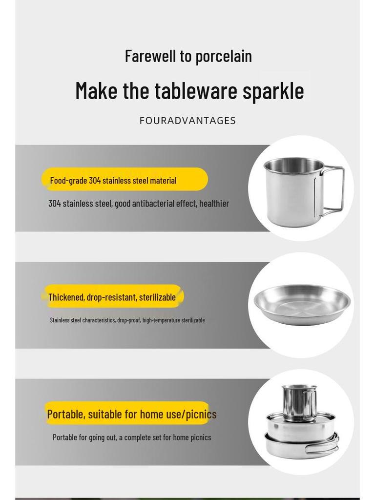 8-Piece Portable Stainless Steel Camping Tableware Set: Foldable Cups, Bowls, and Plates for Outdoor Picnic and BBQ Adventures