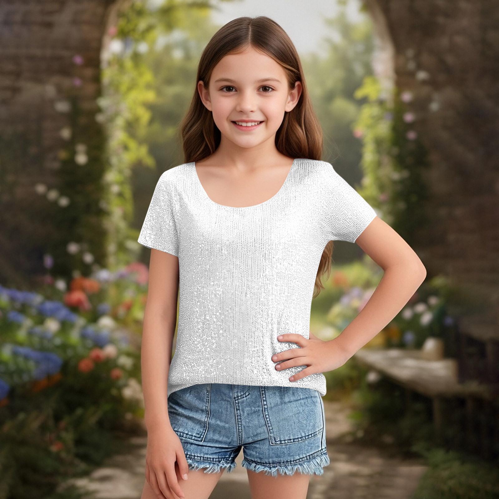 

Girls Fashion Sequined Round Neck Short Sleeve T-Shirt Casual Top 170 білий