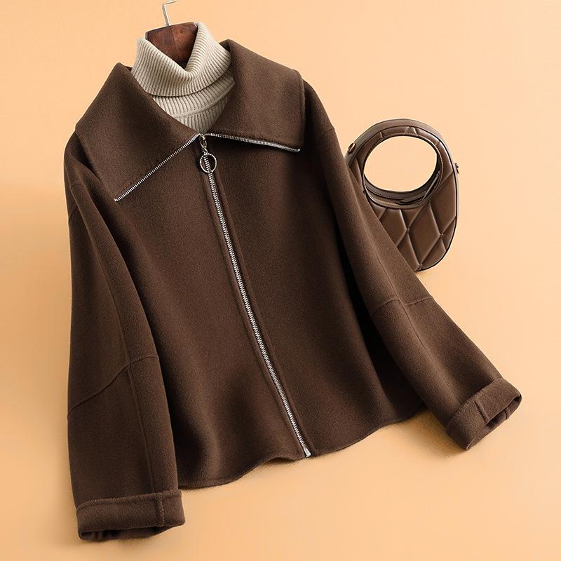 Double-sided Woolen Jacket Women's Short Autumn New Design Large Lapel Niche Zipper High-end Coat