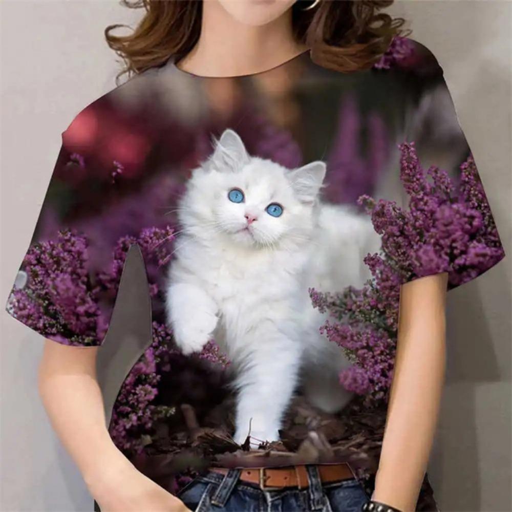 Funny Cat Graphic T Shirt Women Cartoon Animals 3D Printed T-Shirts Summer Oversized Short Sleeve O-Neck Tees Streetwear Tops