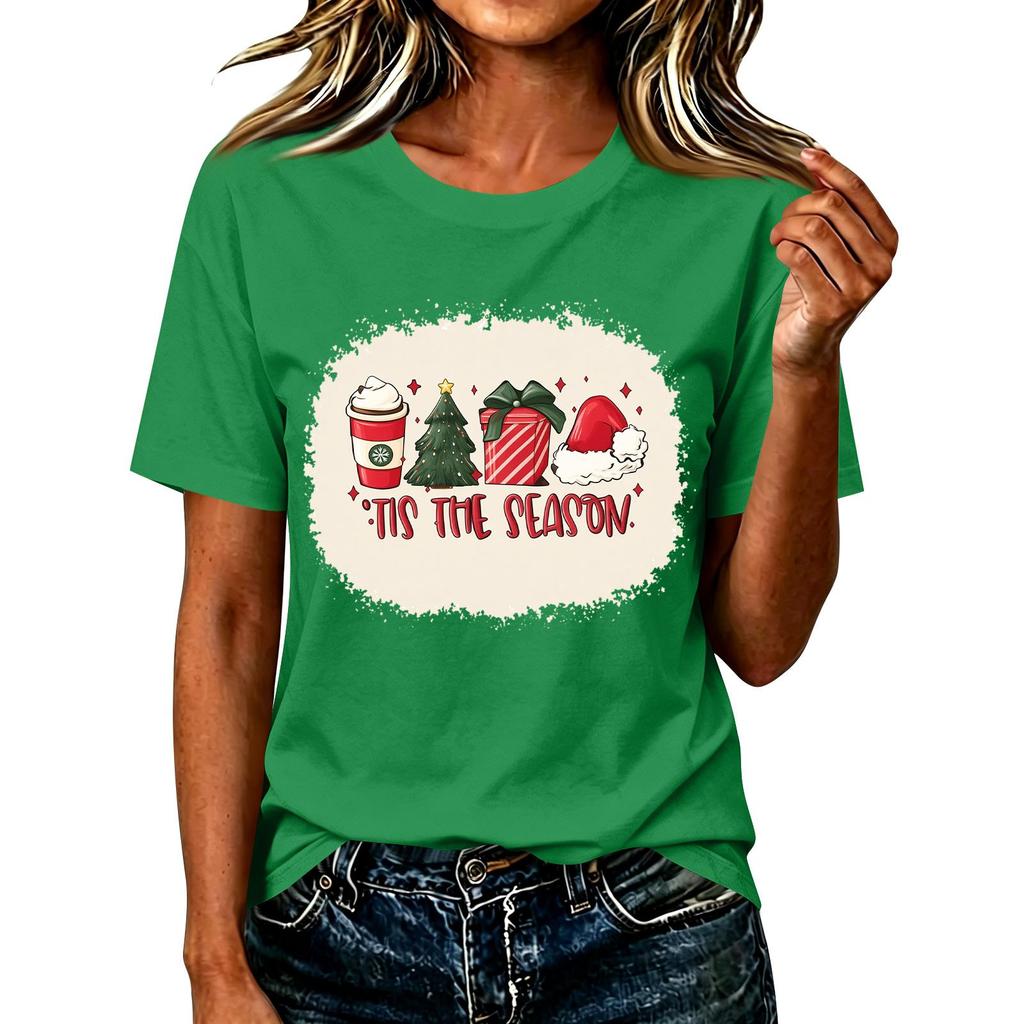 Women's Casual Christmas Print Short Sleeve T-Shirt Fashion Graphic Top for Holiday