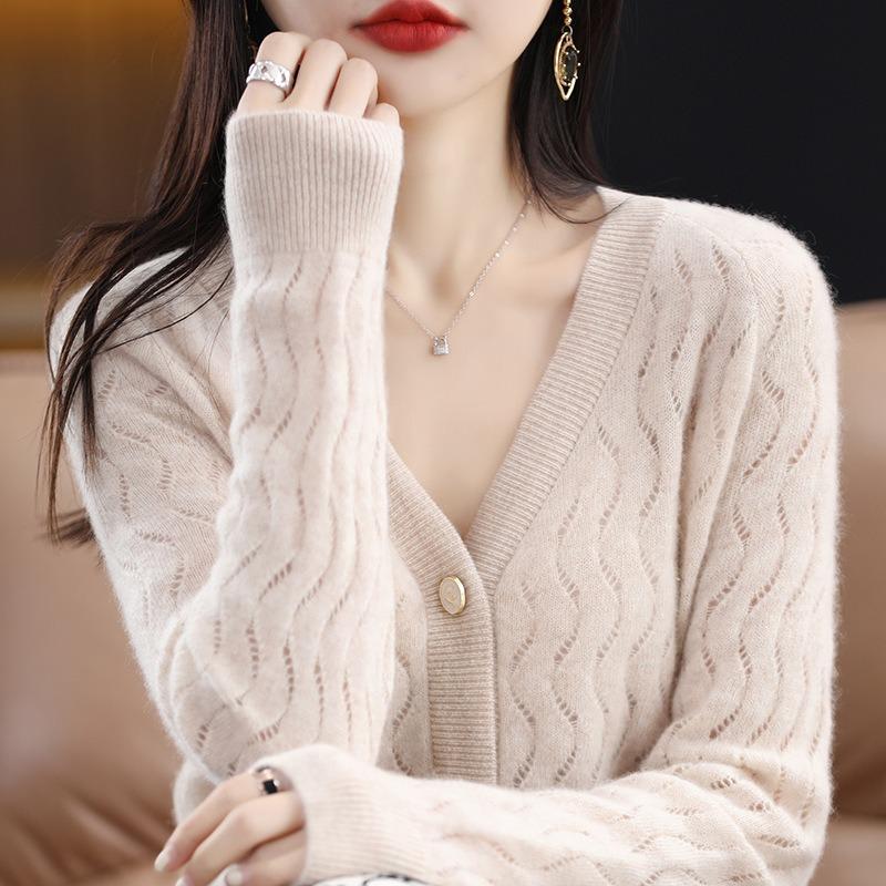 Early spring new cardigan women's thin outer V-neck solid color jacquard hollow coat sweater knitted top women