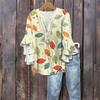 Women's Fashion Casual Button V-Neck Seven Sleeve Vintage Printed Shirt Top