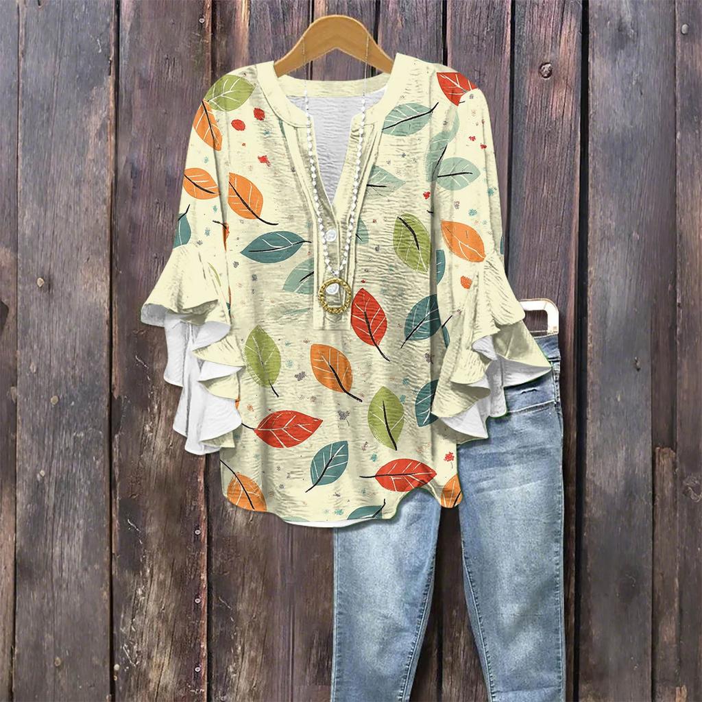 Women's Fashion Casual Button V-Neck Seven Sleeve Vintage Printed Shirt Top